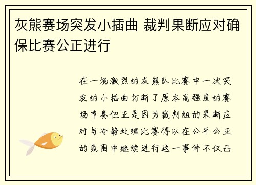 灰熊赛场突发小插曲 裁判果断应对确保比赛公正进行